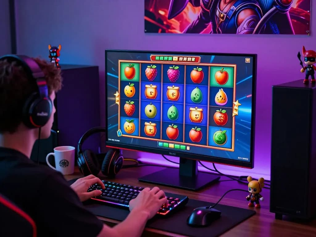 Engaging gamer at desktop playing slot gacor hari ini with vibrant visuals and gaming gear.