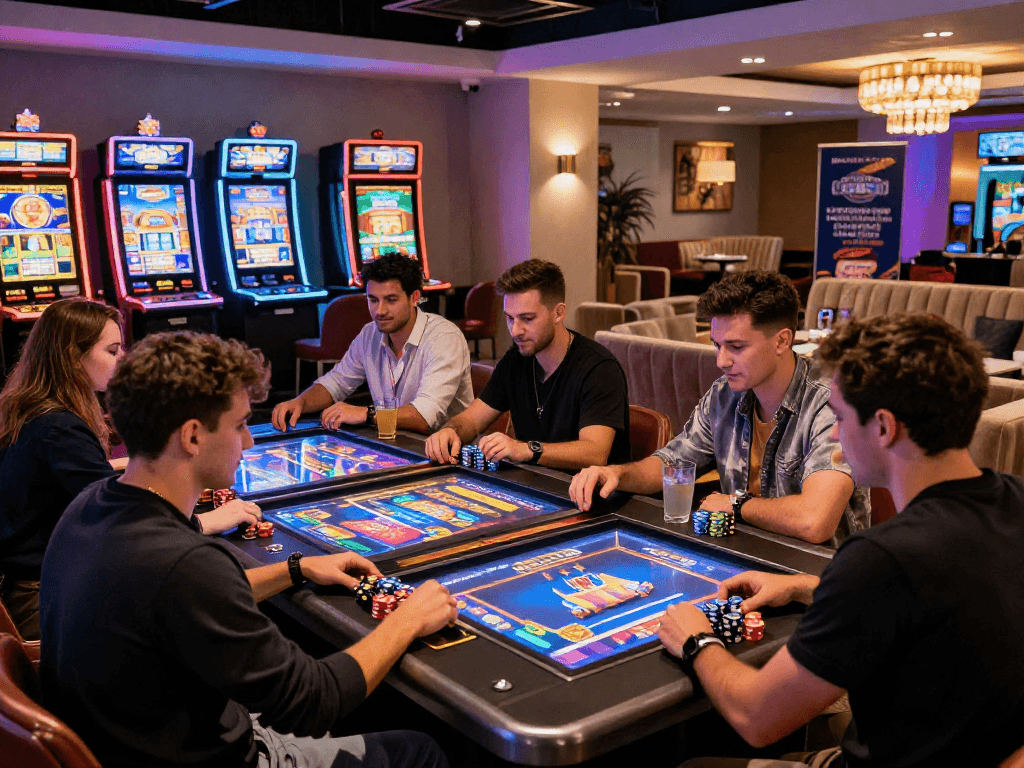 Group enjoying new european online casinos in a vibrant casino setting showcasing digital games and promotions.