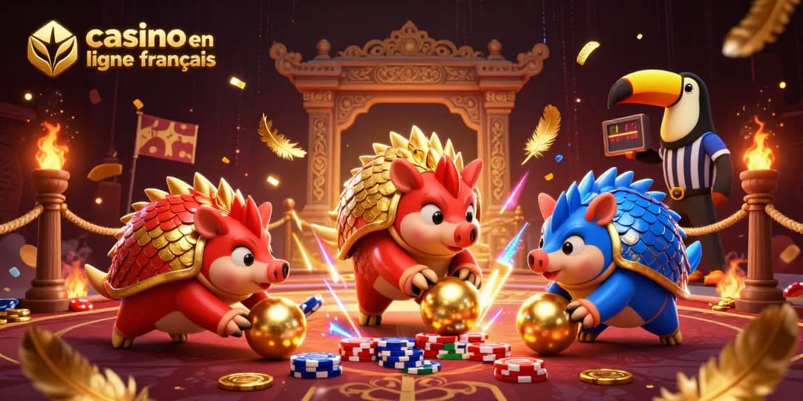 Voir un duel animé entre pangolins avec des jetons de poker sur un site de casino en ligne français.