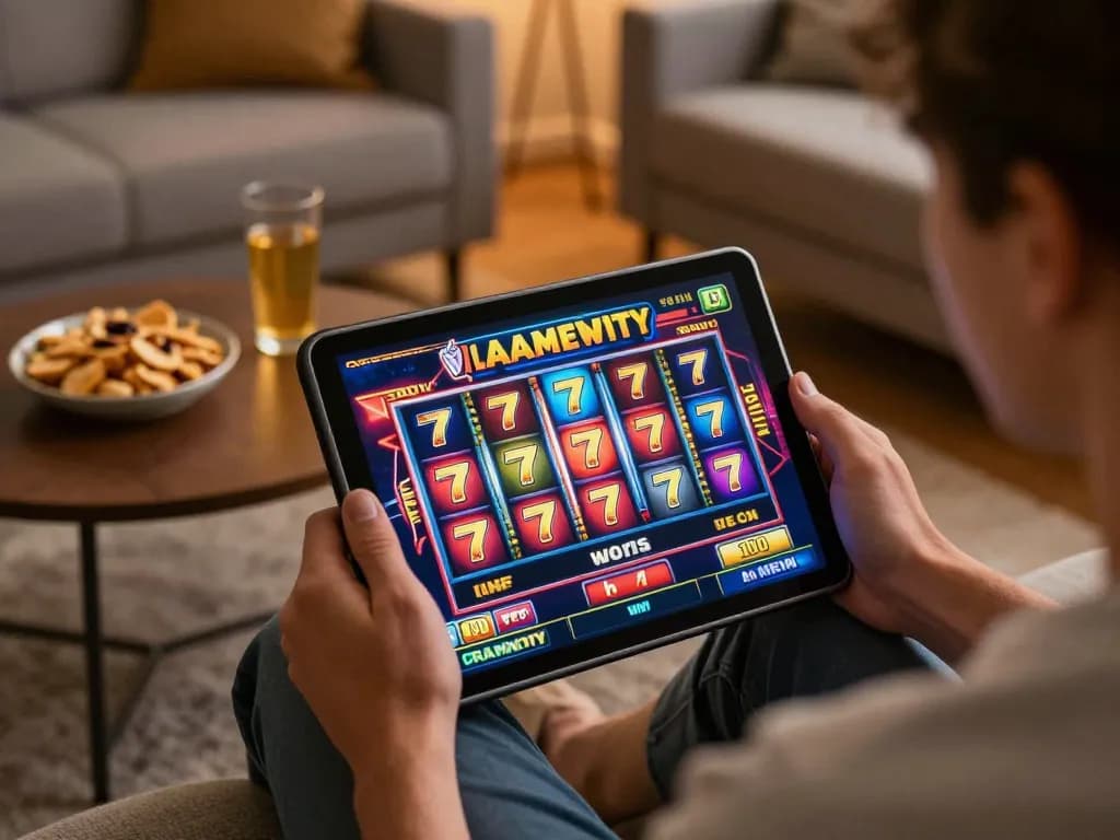 Engage in exciting slot777 gameplay at home with a tablet, showcasing the relaxed and vibrant atmosphere.