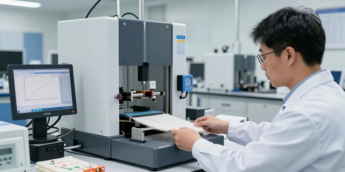SmartPull Fabric Strength Testing Machine in a laboratory, showcasing real-time testing metrics.
