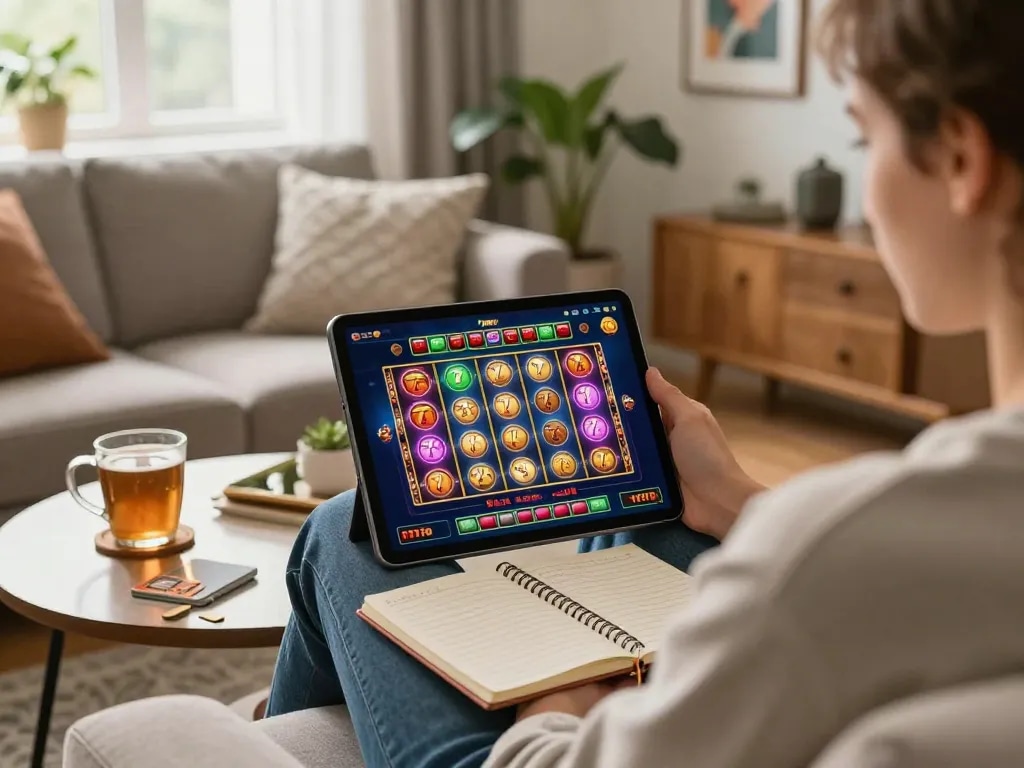 Player engaged in slot777 game on tablet, warm cozy ambiance, showcasing online gambling in home setting.
