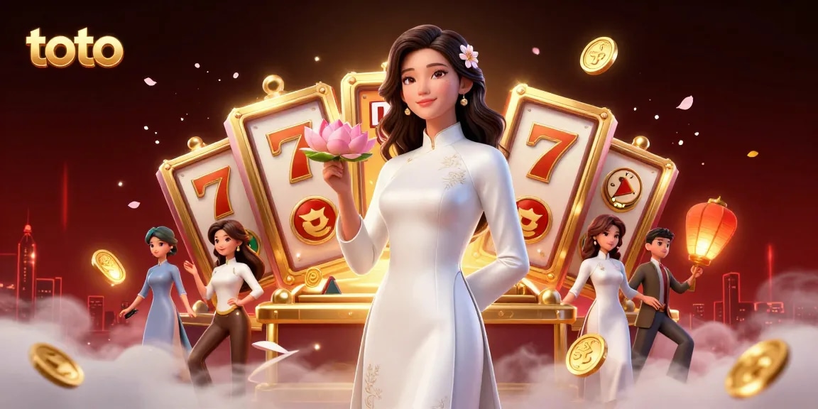 Experience thrilling toto action with vibrant slot reels and a graceful Asian model holding symbols of luck.