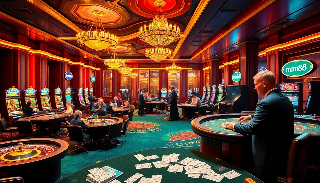 Engaged gamblers enjoying games at mm88 vin casino, showcasing vibrant slot machines and poker tables.