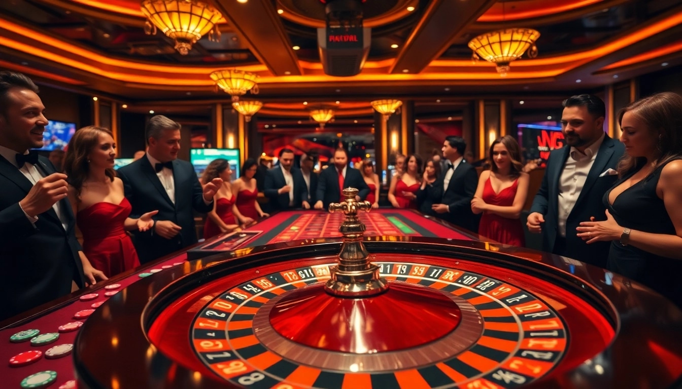 MABAR88 Deposit menampilkan suasana kasino yang penuh semangat dengan pemain dan dealer.
