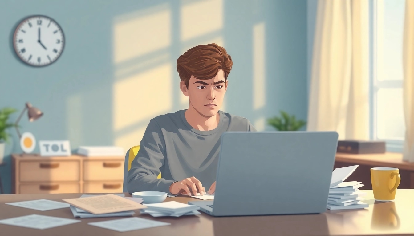 Anxiety symptoms illustrated through a person experiencing overwhelm at a cluttered workspace.