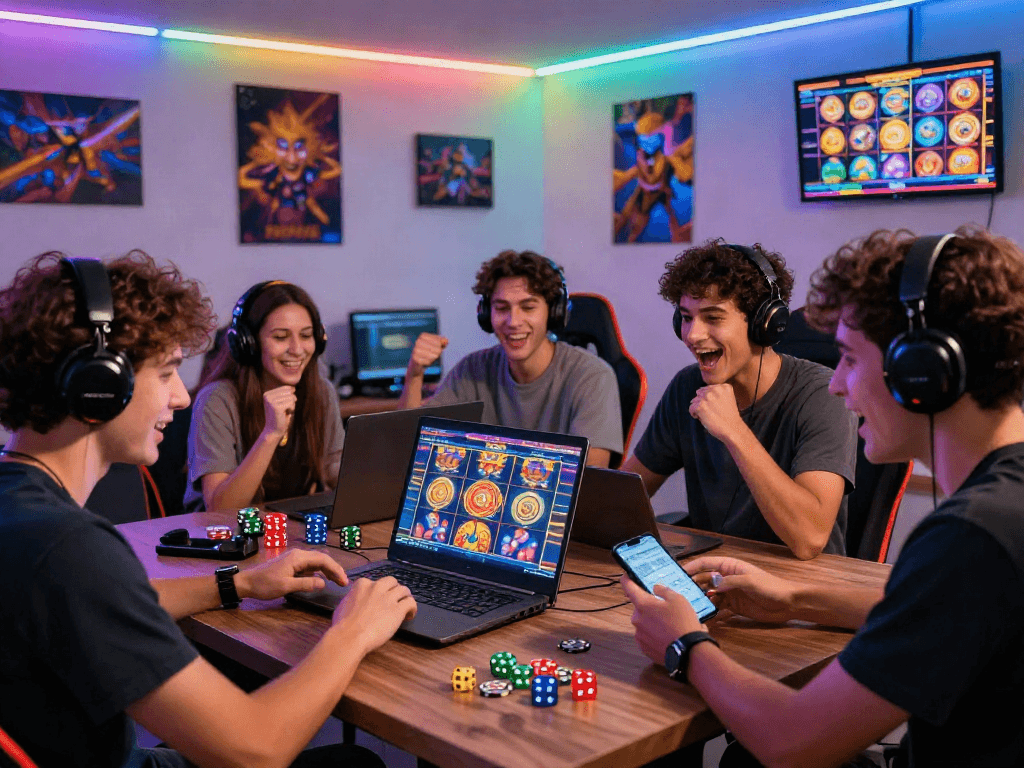 Friends enjoying thrilling slot server kamboja games in a vibrant gaming room atmosphere
