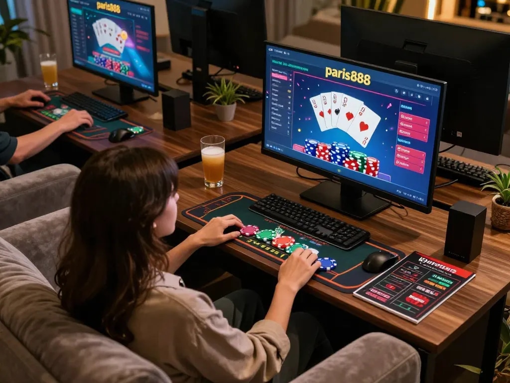 Bergabung dengan kasino online paris888 di sofa yang nyaman, menampilkan permainan poker dan strategi.