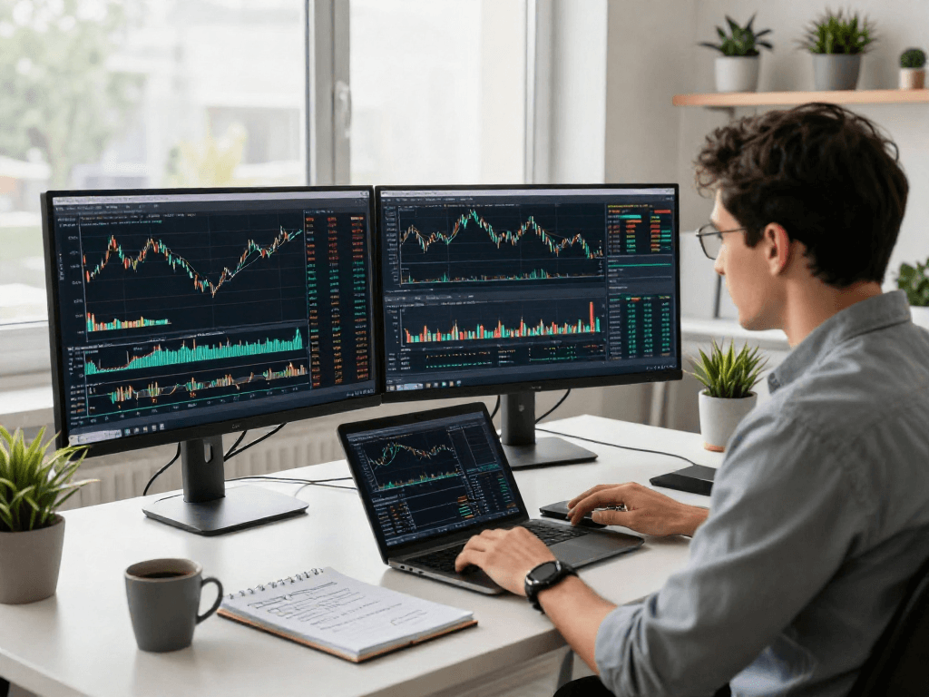 Trader utilizing metatrader 5 in a bright office with dual monitors showing charts and market depth.