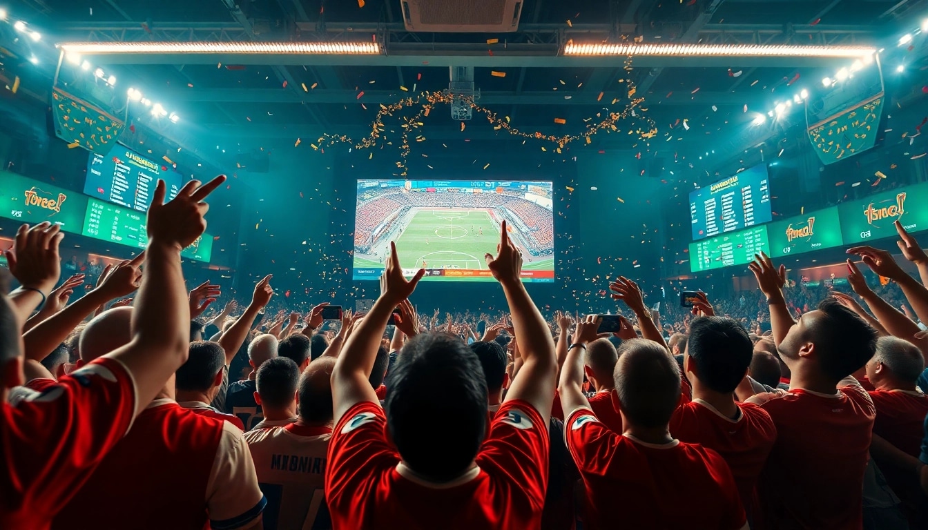 Excited crowd engaged in sports betting at a 토토스토리 event.