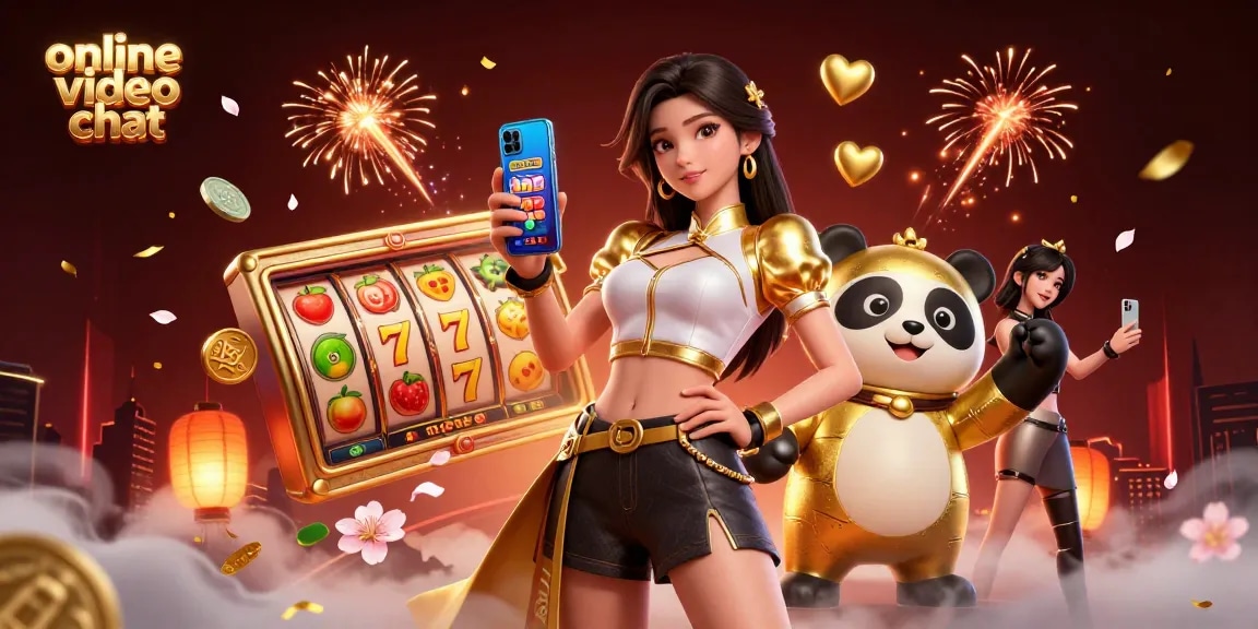 Engage in online video chat while exploring vibrant slot games and festive elements.