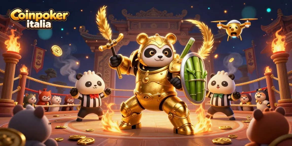 Gioca a CoinPoker Italia con emozione tra robot e spettatori animali in un'illustrazione 3D unica.