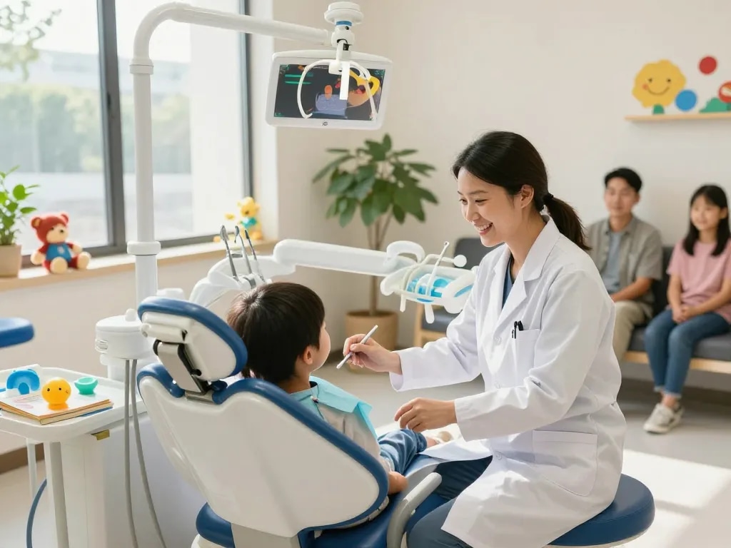 Kaizen Dental clinic featuring friendly dentist with child patient, promoting family-friendly dental care at https://kaizendental.com.my/.