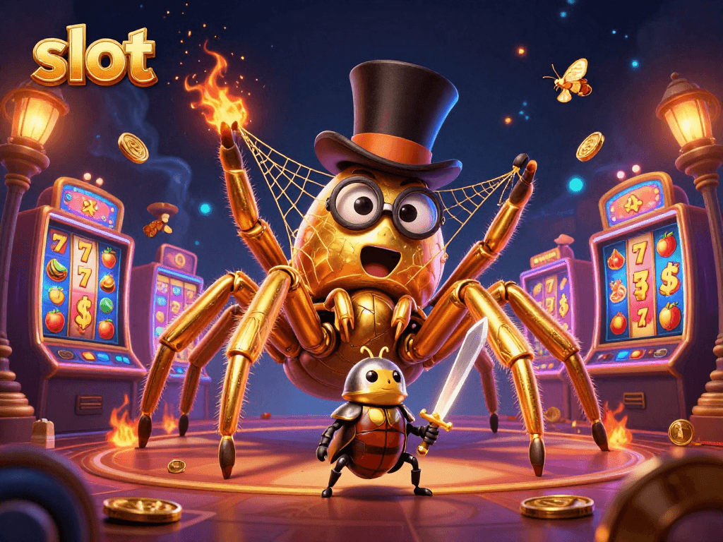 Slot menggoda dengan larang laba-laba emas, kesatria beetle, dan mesin slot berputar yang penuh koin.