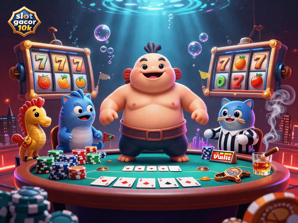 Experience the exhilarating slot gacor 10k with vibrant underwater gambling elements featuring a fugu and casino games.