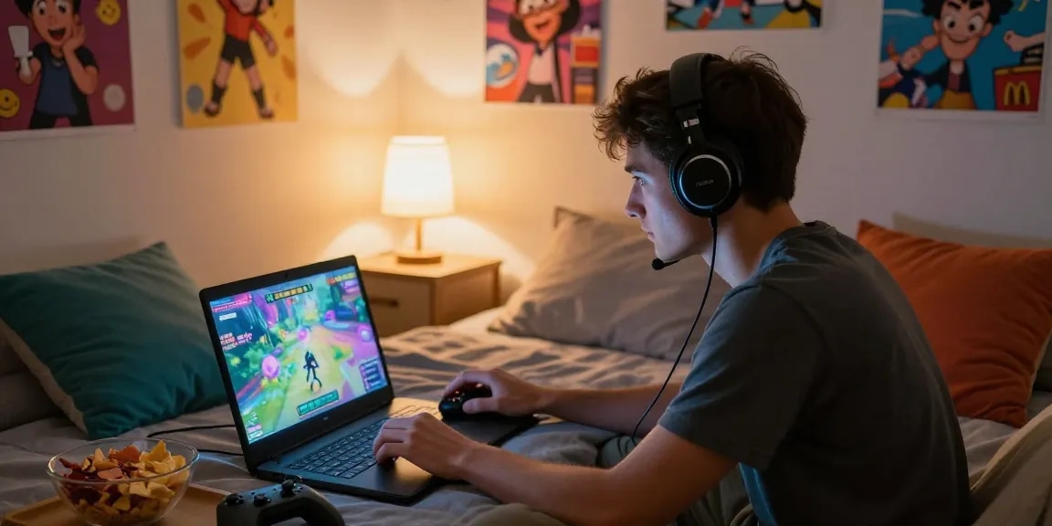 Enjoying an adult game on a laptop in a cozy bedroom, warm ambiance.