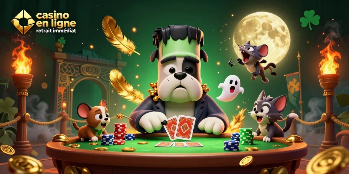 Profitez des jeux de casino en ligne avec retrait immédiat avec un bulldog Frankenstein et des éléments de casino captivants.