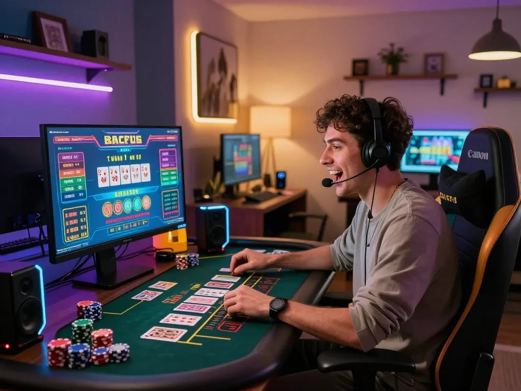 Live baccarat gaming experience on a modern computer setup, showcasing excitement and engagement with the game in 2026.