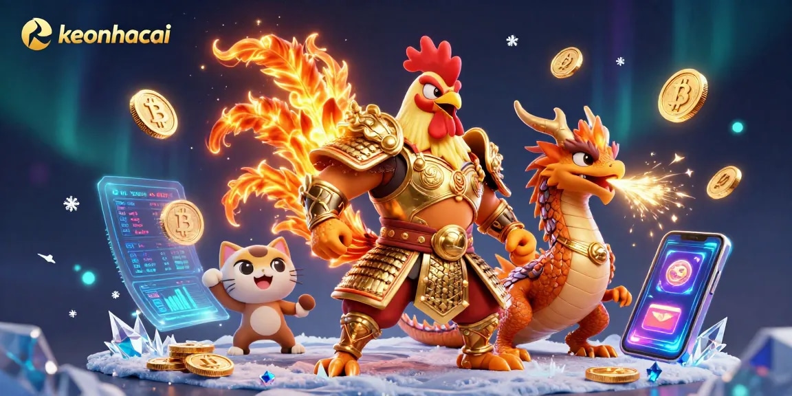 Engage in exciting bets at keonhacai with dynamic 3D illustration of a rooster warrior and dragon hatchling.