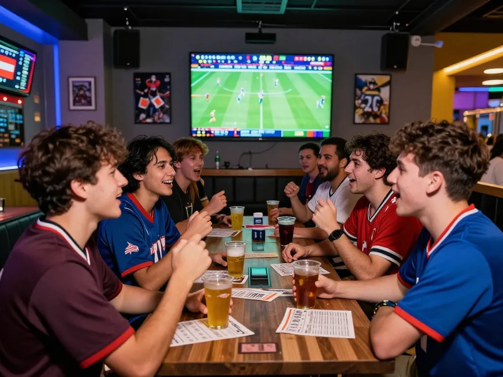 Exciting scene at Thể thao hubet88 with friends cheering for live sports.