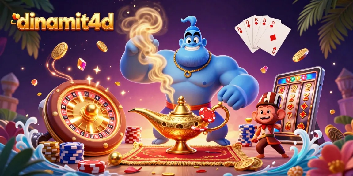 Spin to win with dinamit4d featuring a dynamic scene of a genie, magic carpet, and casino excitement.