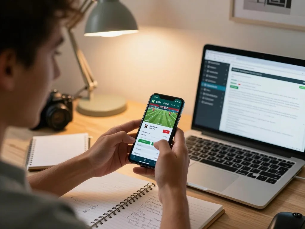 Engaging in live sports betting on alexis77 app, showing strategic betting choices in dynamic home office.