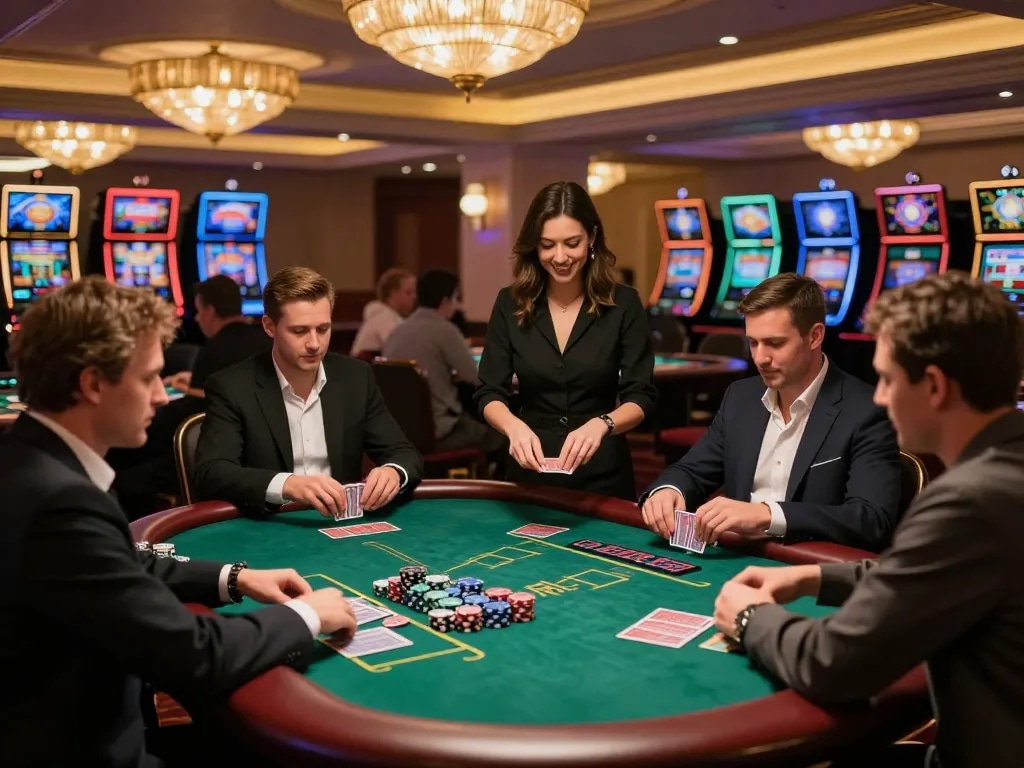 Players strategizing at a blackjack table in 79KING casino, showcasing engaging gameplay.