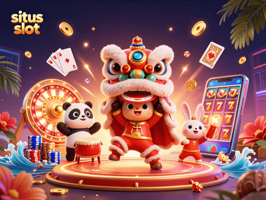 Memainkan situs slot dengan karakter menarik, termasuk kostum singa, panda, dan kelinci, dikelilingi koin emas.