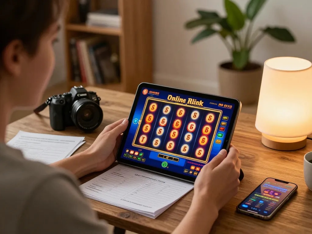 Engaging in online slot gaming on a tablet in a cozy home setting, emphasizing fun and strategy.