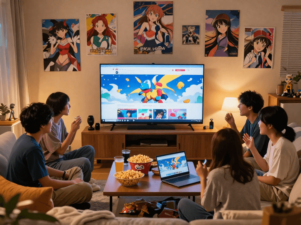 Teman-teman menonton anime di ruang tamu nyaman sambil menikmati AnimePlay dengan suasana hangat dan dekorasi anime.