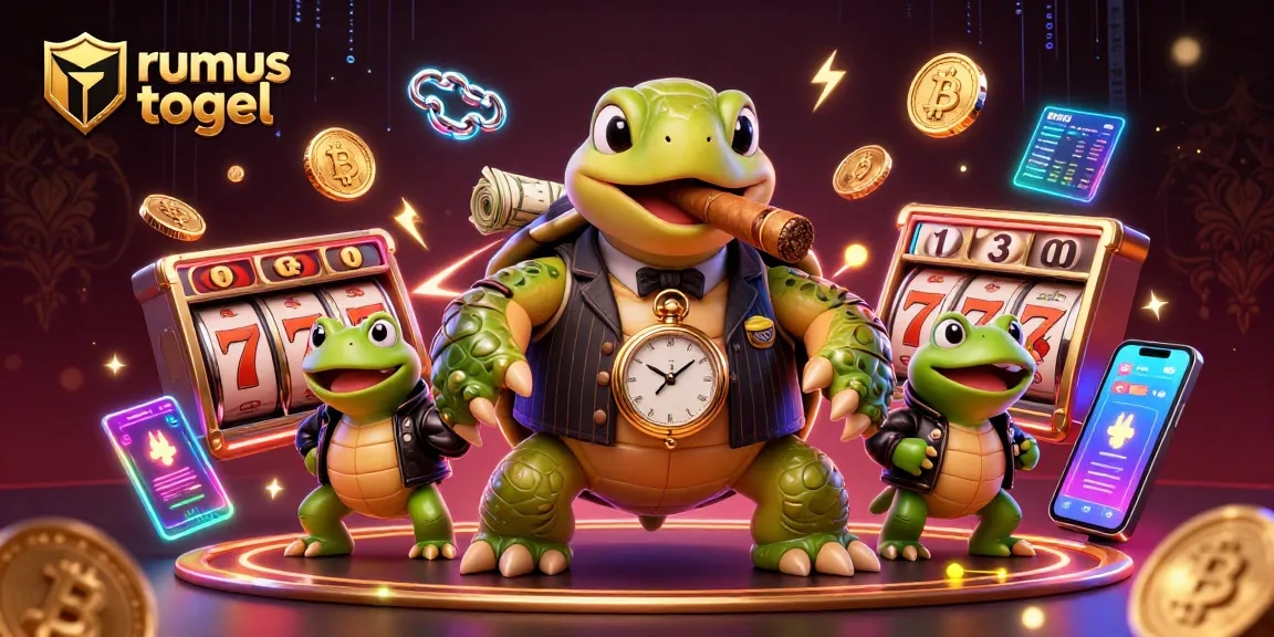 Engage with rumus togel in a vibrant casino scene featuring a unique snapping turtle and bullfrog enforcers.