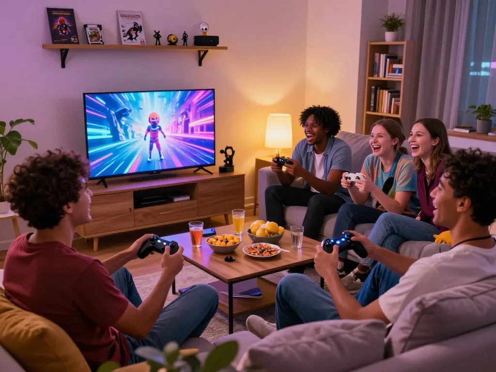 Diverse friends enjoying interactive porn games html in a cozy living room.