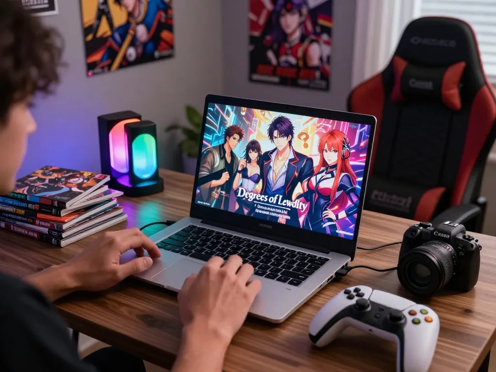 Player enjoying degrees of lewdity in an immersive gaming setup filled with colorful LED lights and merchandise