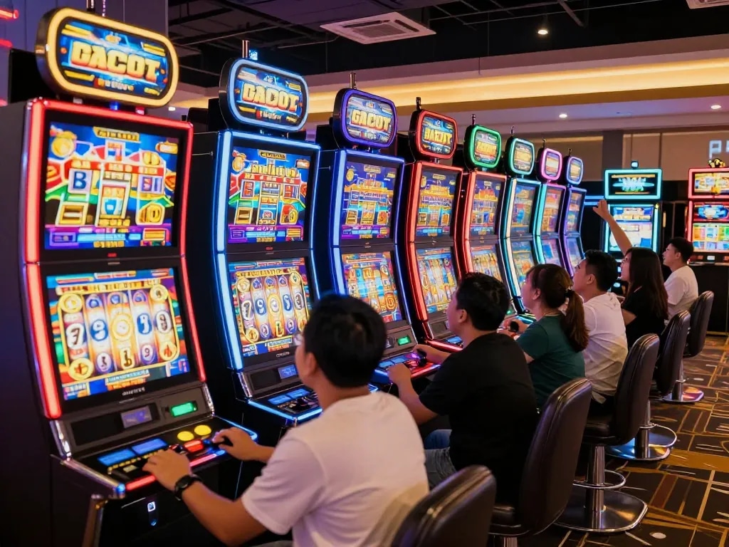 A dazzling slot machine area showcasing excitement and players enjoying slot gacor hari ini in a bustling casino environment.