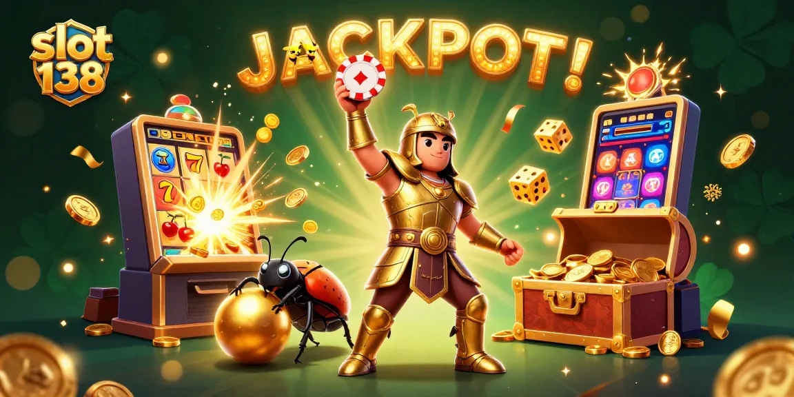 Experience excitement with slot 138 as a heroic beetle lifts a poker chip amidst a jackpot explosion.