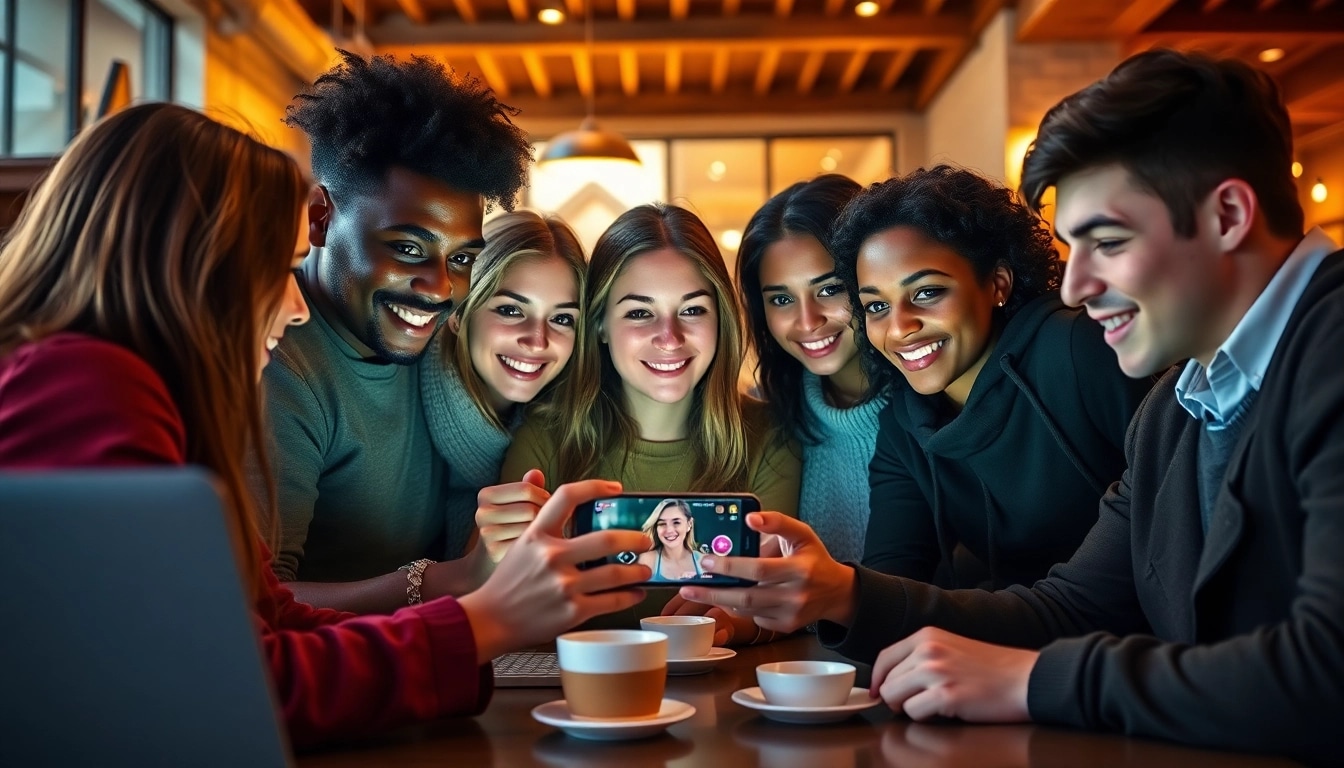 Exciting scene of friends playing a mobile porn game in a café together.