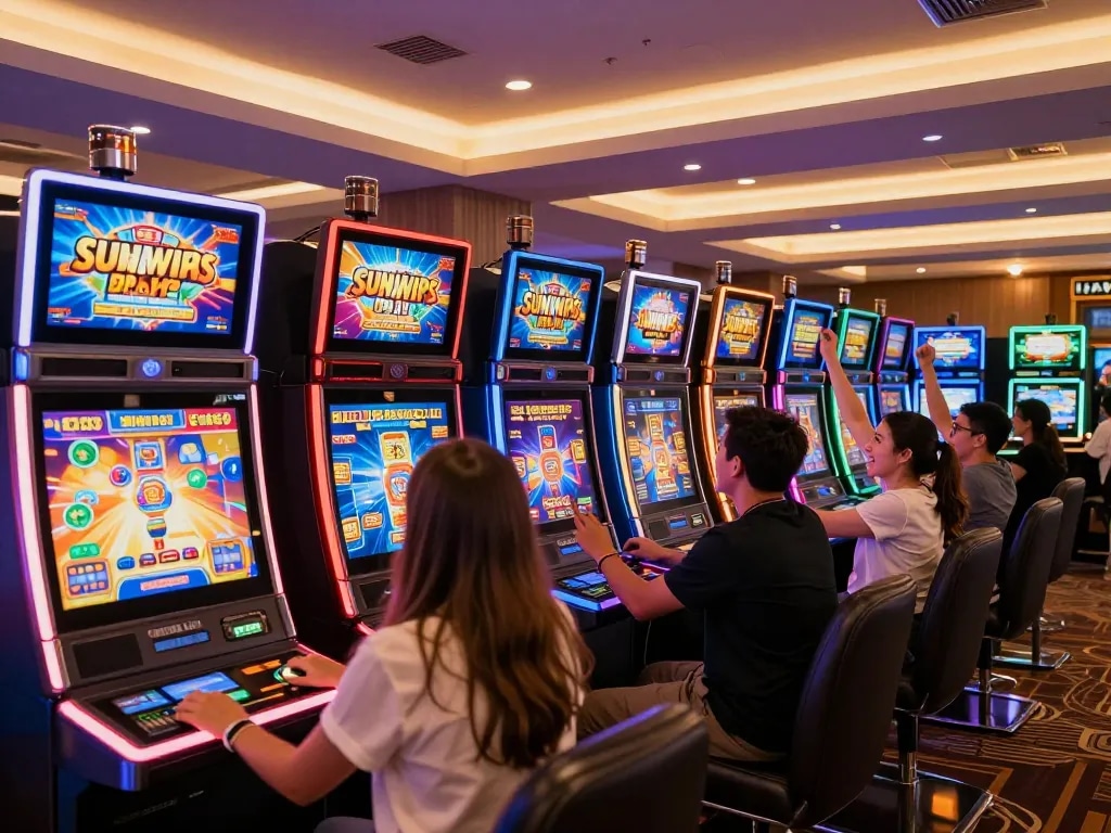 Engaging players at slot machines featuring the popular sunwinapk gaming experience in a vibrant casino setting.