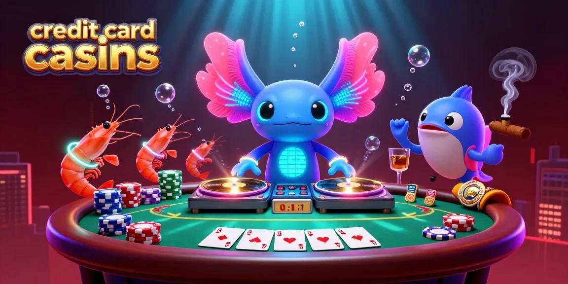 A vibrant scene showcasing credit card casinos with a neon axolotl DJ spinning records amid poker chips and community cards.