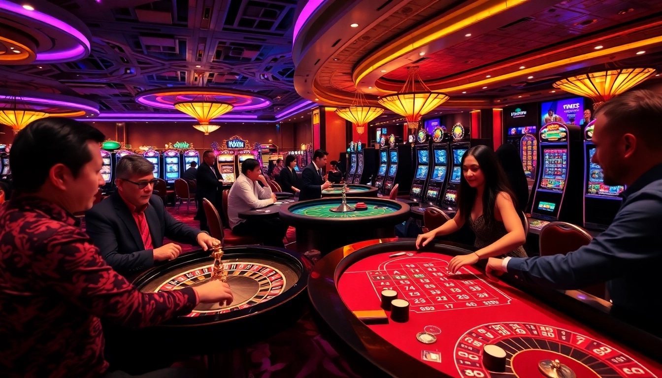 A lively scene at a Non Uk Casino with diverse players enjoying various games.