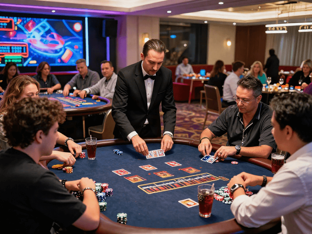 Exciting judi live casino gaming scene with players engaged at a luxurious table, vibrant casino atmosphere.