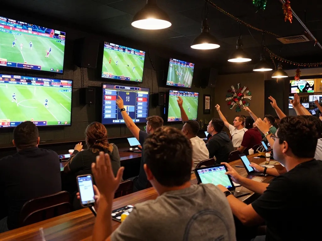 CakhiaTV sports fans actively placing bets and enjoying the live match atmosphere in a vibrant bar.