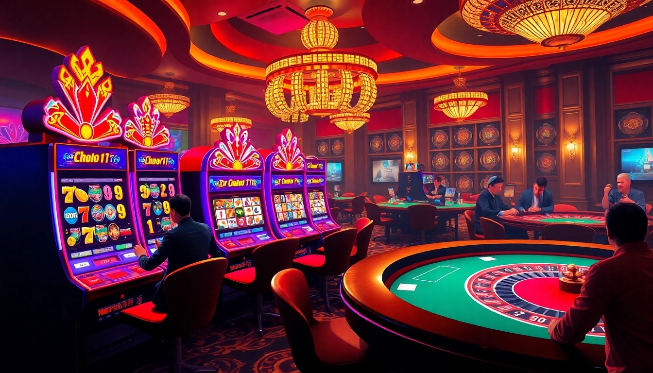 Terlibatlah dengan dunia slot depo 5rb yang menarik melalui visual kasino yang hidup yang menggambarkan mesin slot, pemain, dan strategi permainan.