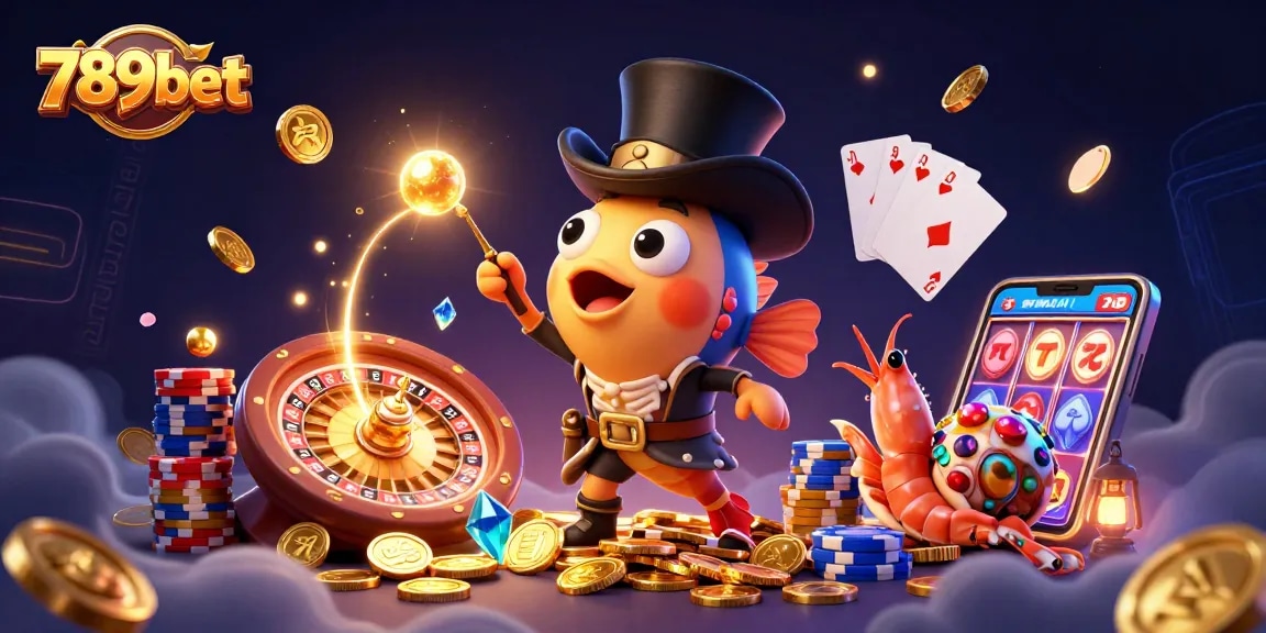Engage with 789bet's thrilling casino experience as the anglerfish attracts golden coins amidst vibrant gaming elements.