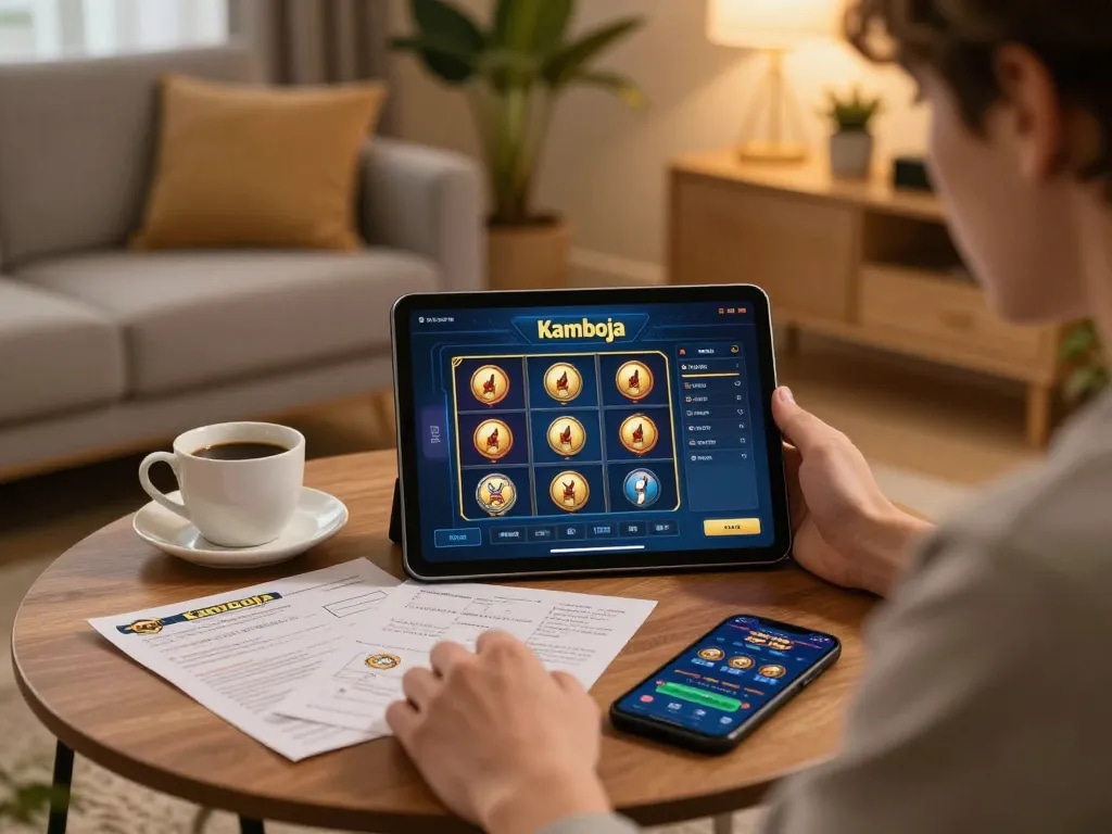 Engaging online gameplay on slot server Kamboja with tablet in a cozy home setting.