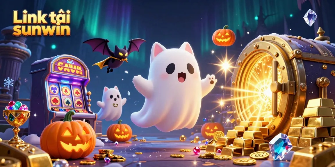 Experience fun and excitement with Link tải sunwin in this vibrant haunted casino illustration.
