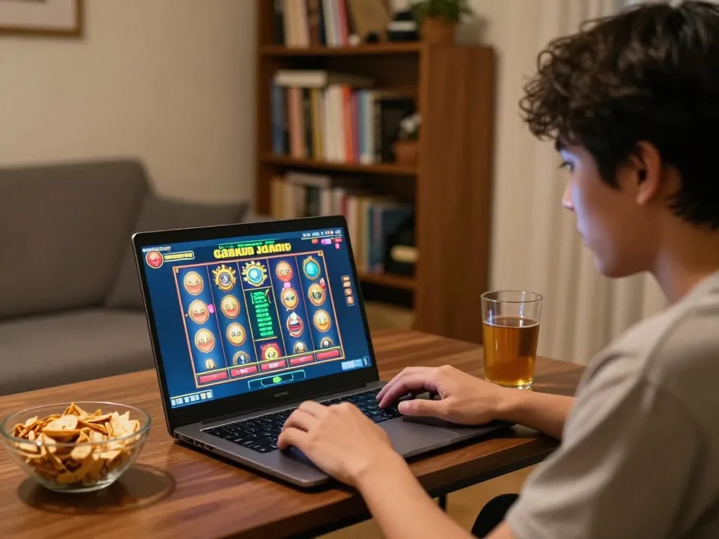 Engaging in slot gacor gampang menang gameplay on a laptop at home, illustrating focused online gaming strategy.