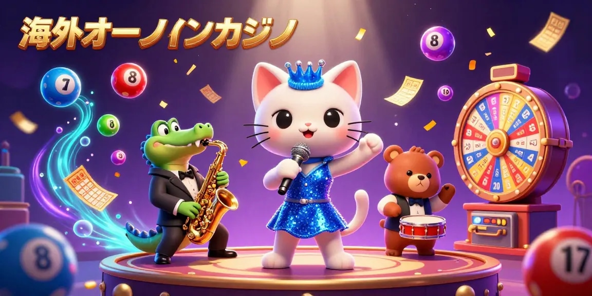 海外オンラインカジノで勝利を目指し、カジノステージを盛り上げる猫、ワニ、クマのイラスト