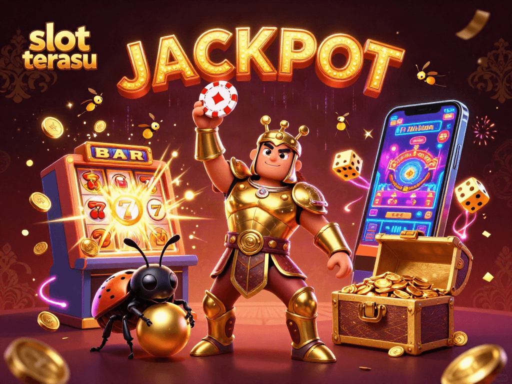 Experience the thrill of slot terbaru with vibrant 3D illustration featuring a heroic beetle and jackpot explosion.