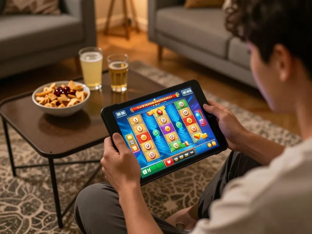 Engaged player spinning Mahjong Slot on tablet during lively home gaming session.