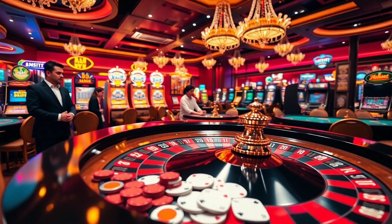 Players engaging in casino excitement at https://nk888.it.com/ with roulette wheel and vibrant slot machines.